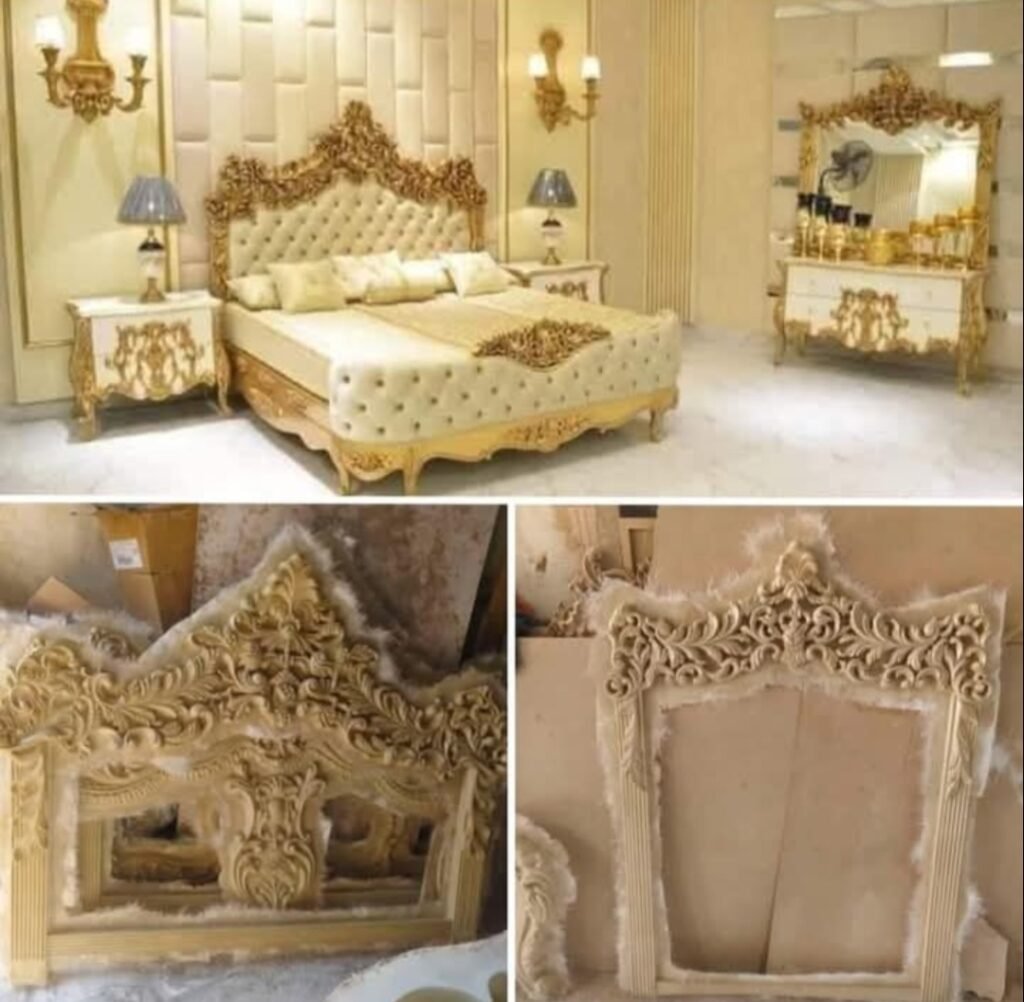 Cream and gold carved bed set with dressing table, plus carved headboard and mirror frames in production