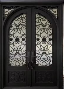 Sample design: black arched double gate with decorative scrollwork and glass panels