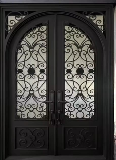 Sample design: black arched double gate with decorative scrollwork and glass panels